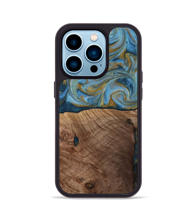 iPhone 14 Pro Wood Phone Case - Altha (Teal & Gold, 814501)