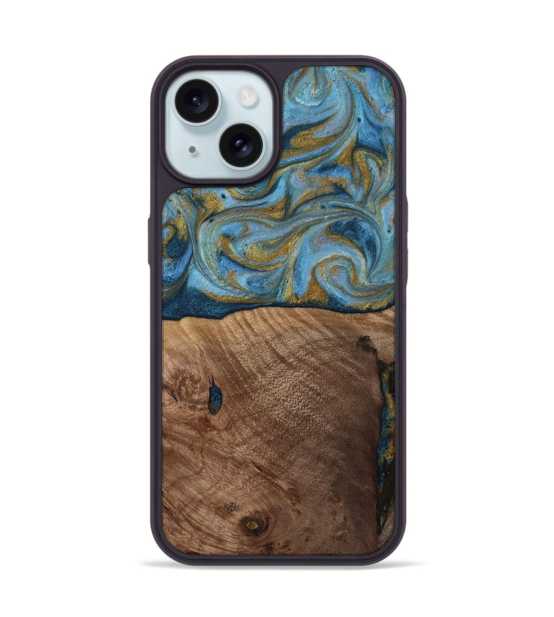 iPhone 15 Wood Phone Case - Altha (Teal & Gold, 814501)