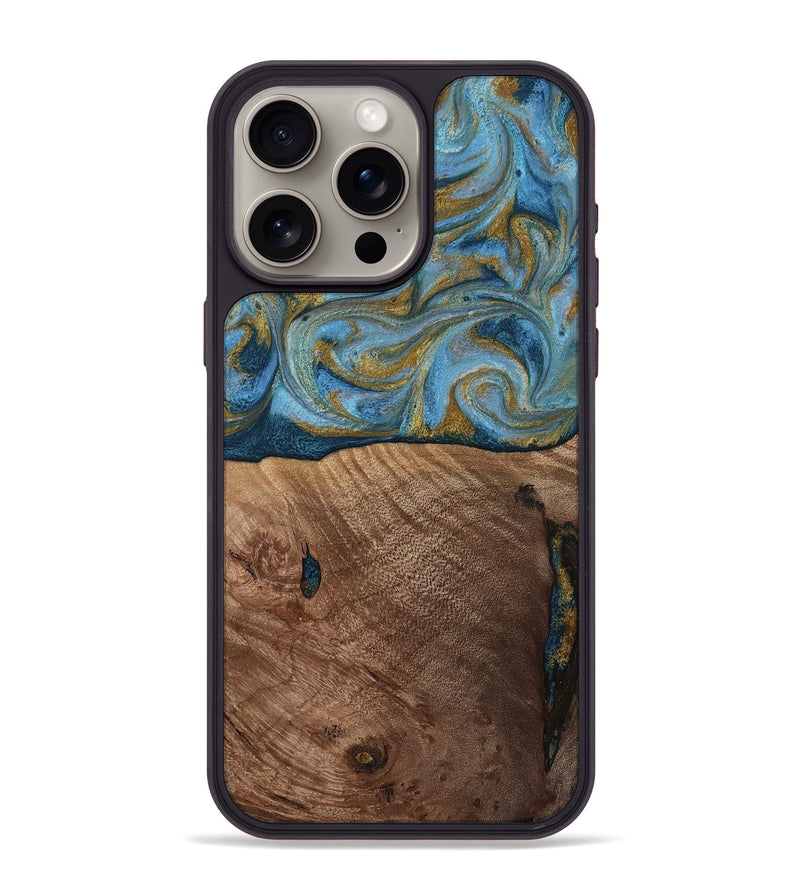 iPhone 15 Pro Max Wood Phone Case - Altha (Teal & Gold, 814501)