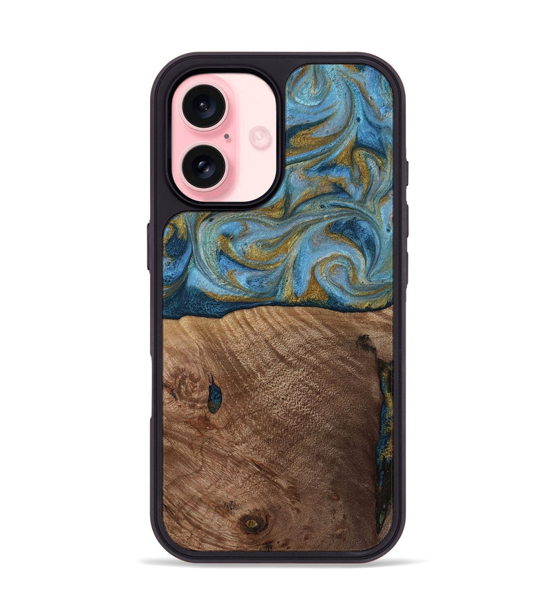 iPhone 16 Wood Phone Case - Altha (Teal & Gold, 814501)