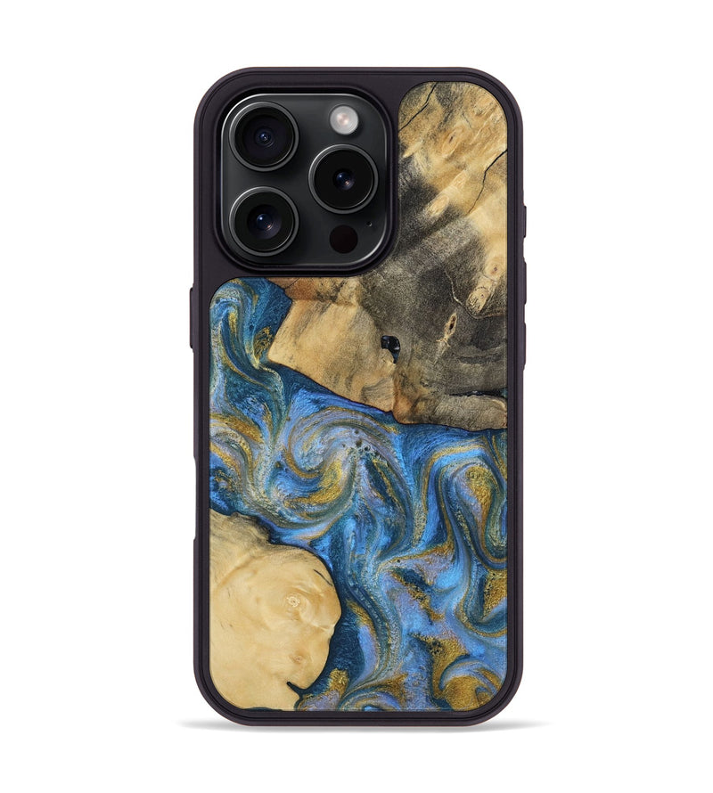 iPhone 16 Pro Wood Phone Case - Jorja (Teal & Gold, 814538)