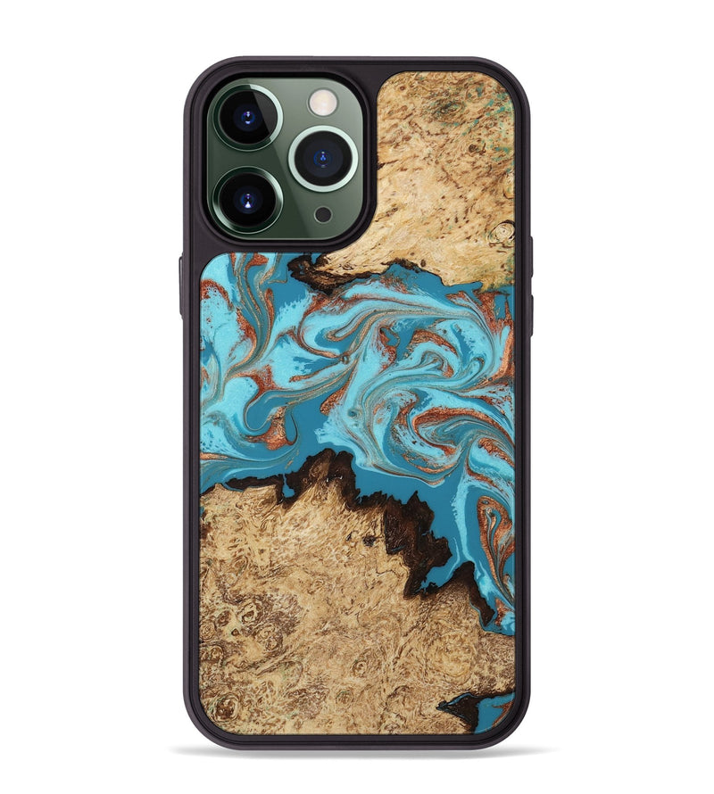 iPhone 13 Pro Max Wood Phone Case - Levy (Teal & Gold, 814627)