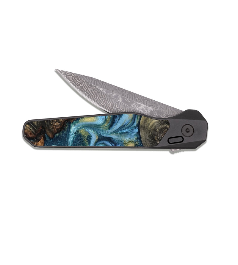 EDC Dark Damascus Wood Pocket Knife - Alize (Teal & Gold, 814700)