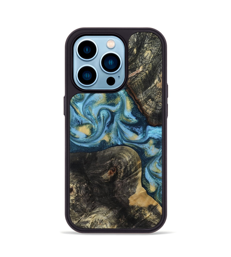 iPhone 14 Pro Wood Phone Case - Alize (Teal & Gold, 814700)