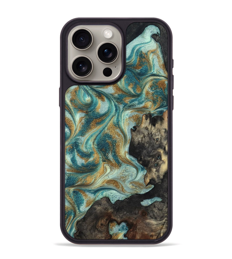iPhone 15 Pro Max Wood Phone Case - Candace (Teal & Gold, 815229)