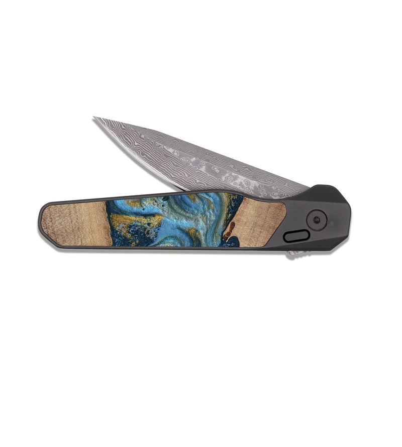 EDC Dark Damascus Wood Pocket Knife - Emmer (Teal & Gold, 815235)