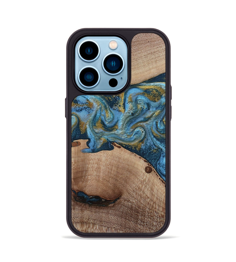 iPhone 14 Pro Wood Phone Case - Emmer (Teal & Gold, 815235)
