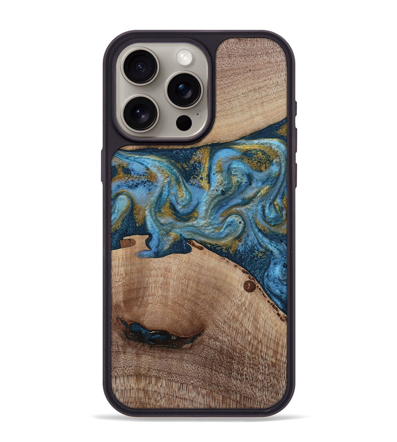 iPhone 15 Pro Max Wood Phone Case - Emmer (Teal & Gold, 815235)