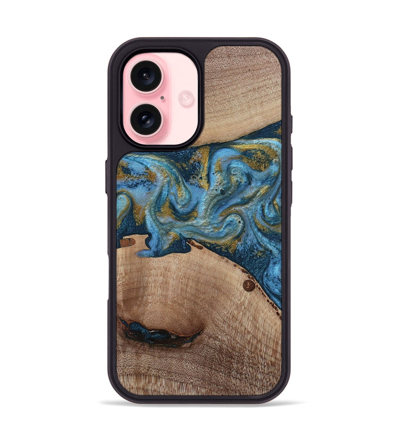 iPhone 16 Wood Phone Case - Emmer (Teal & Gold, 815235)