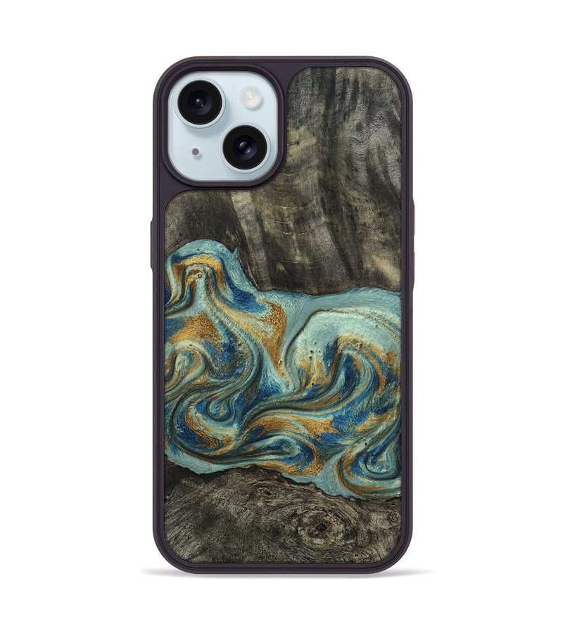 iPhone 15 Wood Phone Case - Oren (Teal & Gold, 815309)