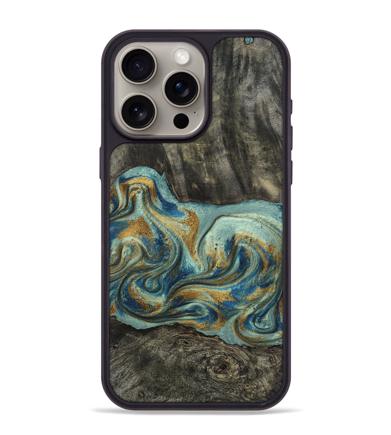 iPhone 15 Pro Max Wood Phone Case - Oren (Teal & Gold, 815309)
