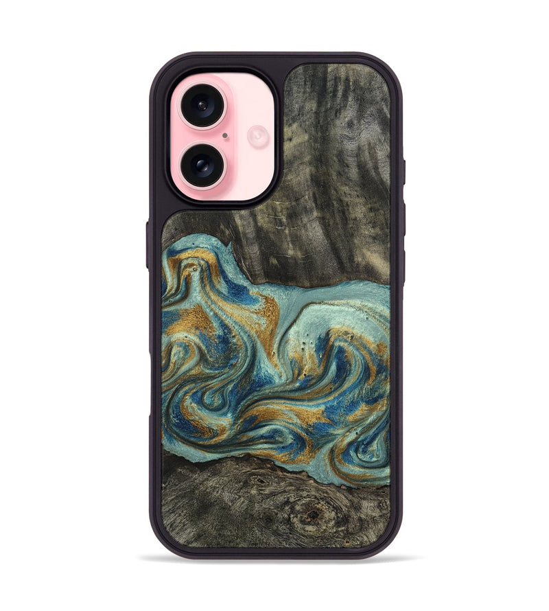 iPhone 16 Wood Phone Case - Oren (Teal & Gold, 815309)
