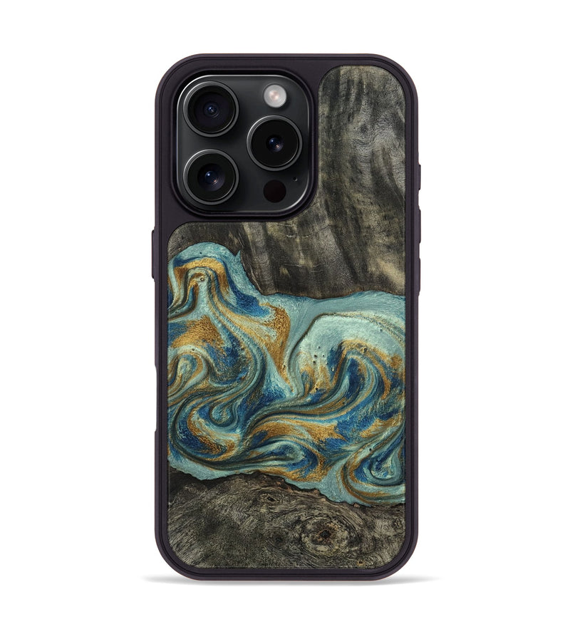 iPhone 16 Pro Wood Phone Case - Oren (Teal & Gold, 815309)