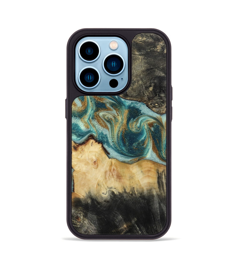 iPhone 14 Pro Wood Phone Case - Tracee (Teal & Gold, 815313)