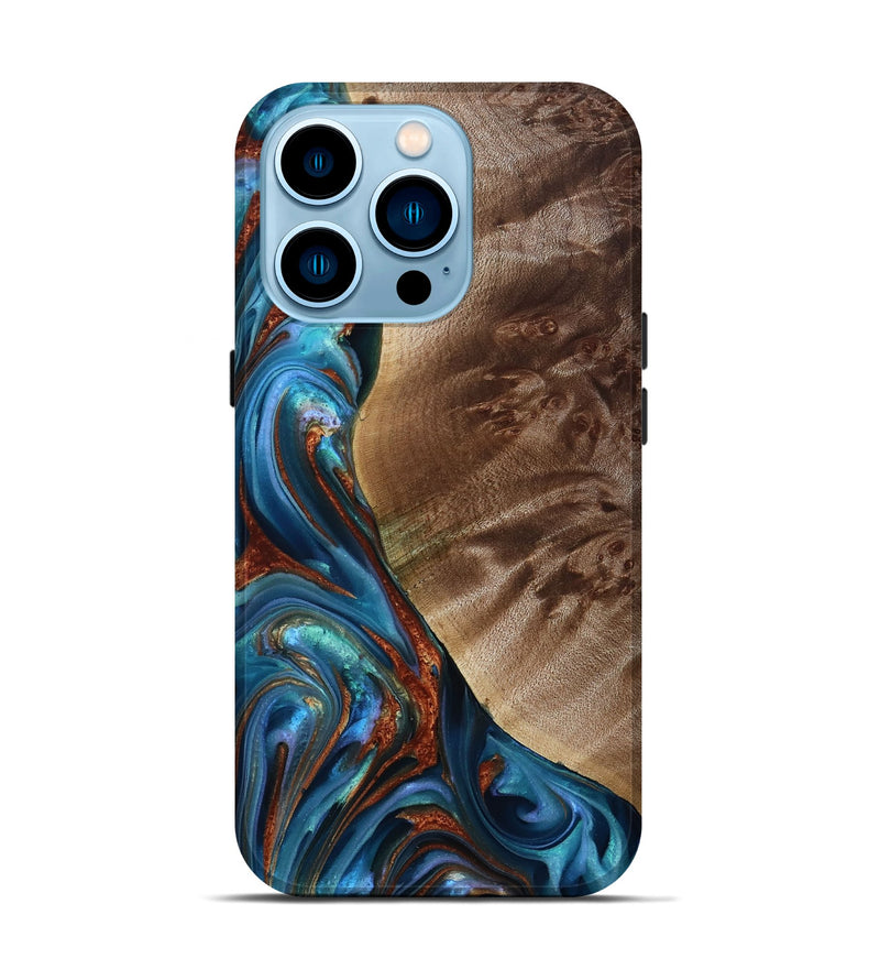 iPhone 14 Pro Wood Live Edge Phone Case - Citlali (Teal & Gold, 815794)