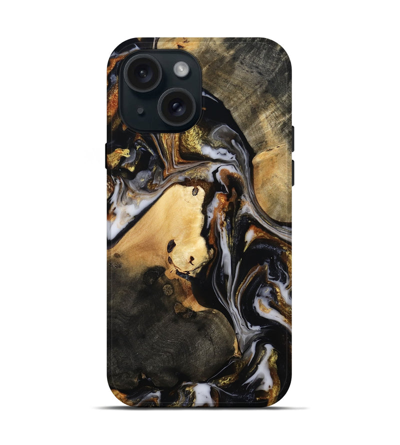 iPhone 15 Wood Live Edge Phone Case - Carley (Black & White, 815801)