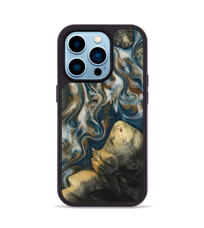 iPhone 14 Pro Wood Phone Case - Ingrid (Teal & Gold, 815814)