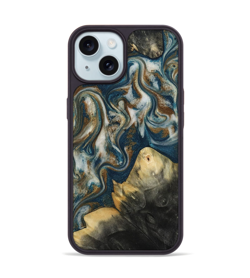 iPhone 15 Wood Phone Case - Ingrid (Teal & Gold, 815814)