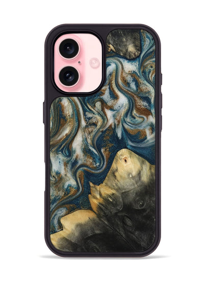 iPhone 16 Wood Phone Case - Ingrid (Teal & Gold, 815814)