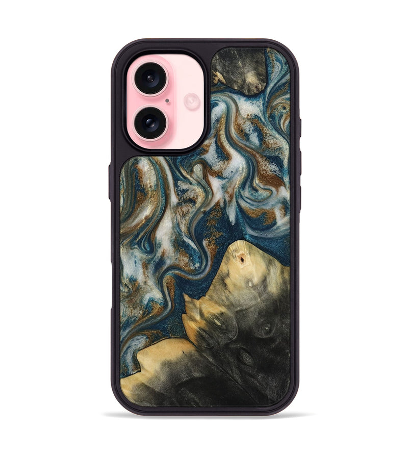 iPhone 16 Wood Phone Case - Ingrid (Teal & Gold, 815814)