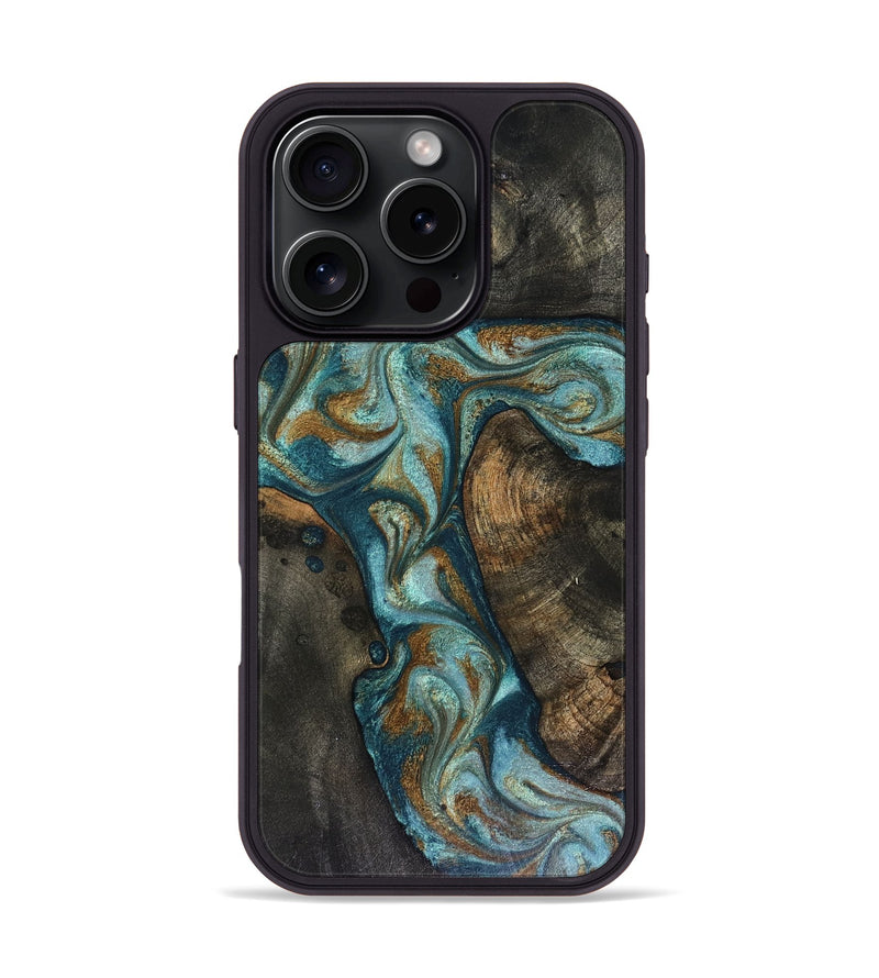 iPhone 16 Pro Wood Phone Case - Eulalia (Teal & Gold, 816076)