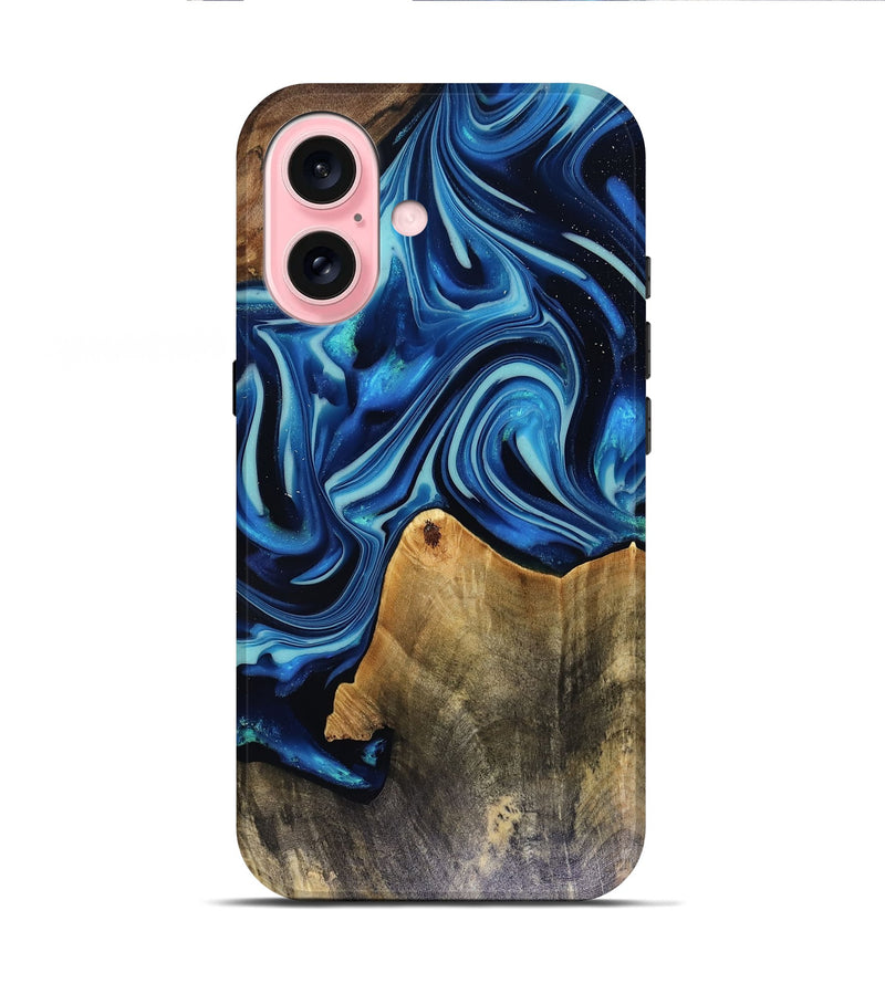 iPhone 16 Wood Live Edge Phone Case - Brandy (Blue, 816126)
