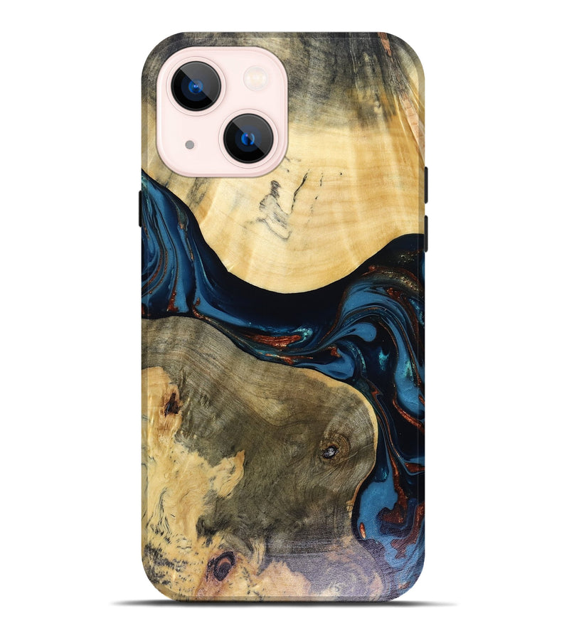 iPhone 14 Plus Wood Live Edge Phone Case - Melinda (Teal & Gold, 816148)
