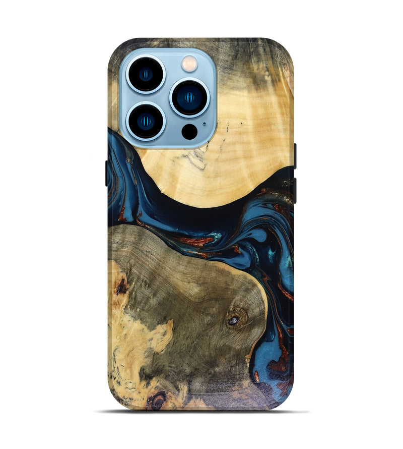 iPhone 14 Pro Wood Live Edge Phone Case - Melinda (Teal & Gold, 816148)