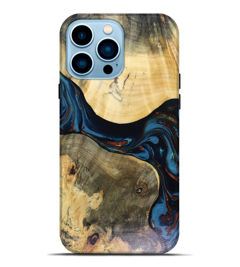 iPhone 14 Pro Max Wood Live Edge Phone Case - Melinda (Teal & Gold, 816148)