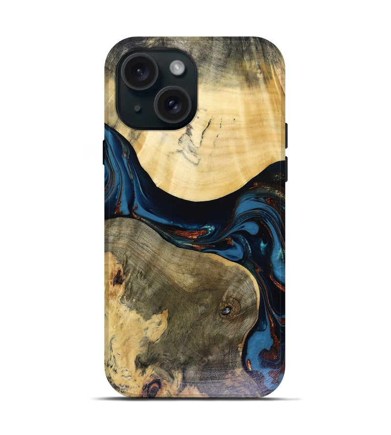 iPhone 15 Wood Live Edge Phone Case - Melinda (Teal & Gold, 816148)