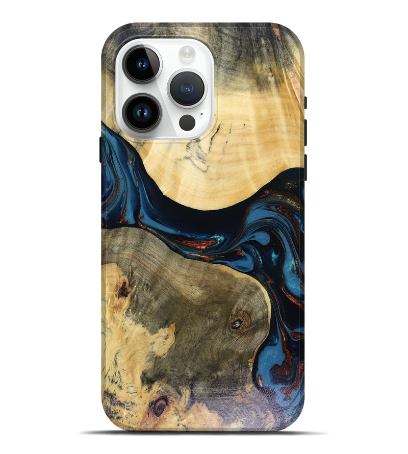 iPhone 15 Pro Max Wood Live Edge Phone Case - Melinda (Teal & Gold, 816148)