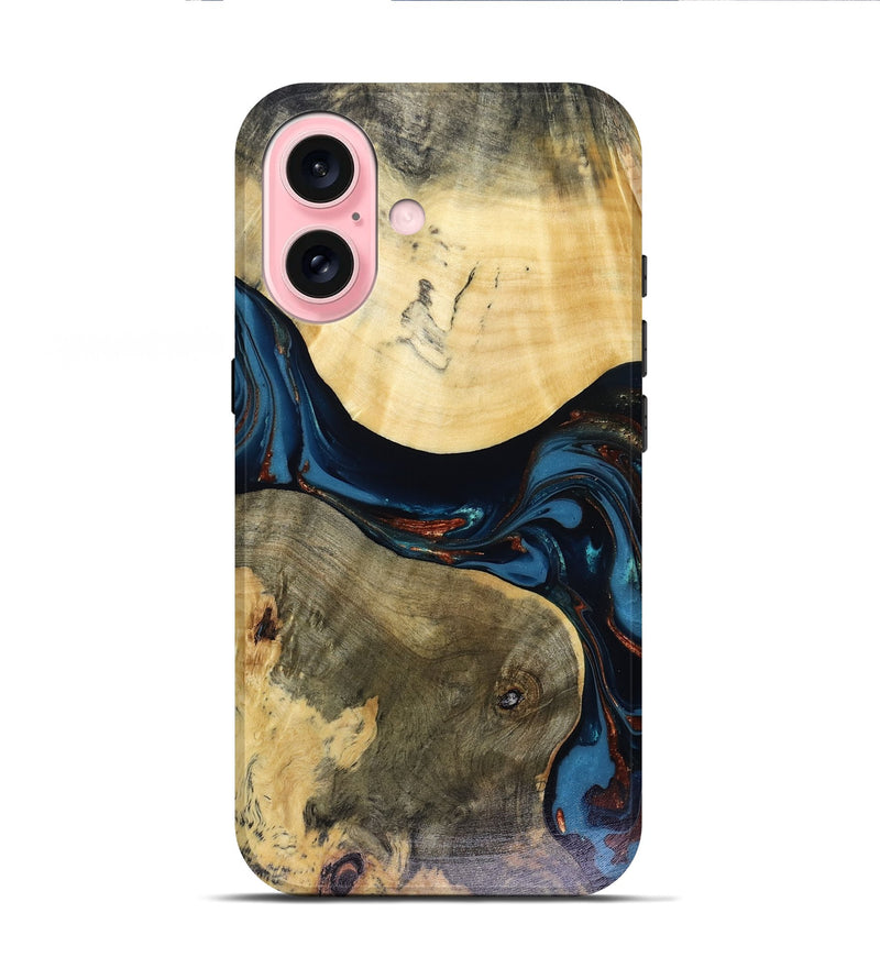 iPhone 16 Wood Live Edge Phone Case - Melinda (Teal & Gold, 816148)