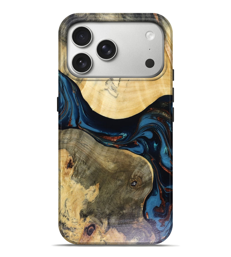 iPhone 17 Pro Max Wood Live Edge Phone Case - Melinda (Teal & Gold, 816148)