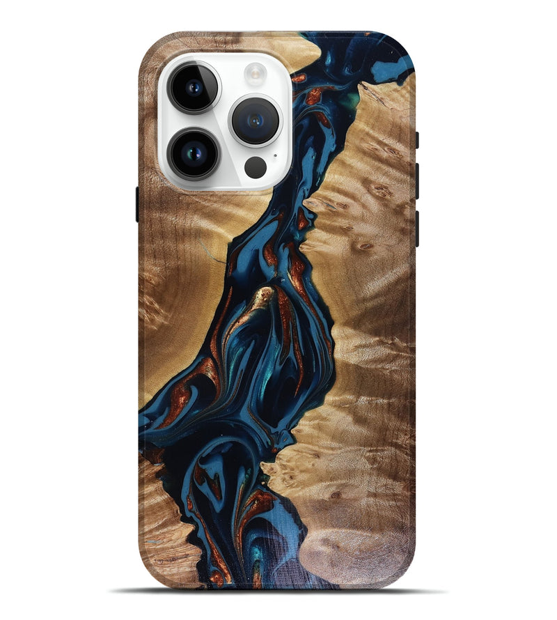iPhone 15 Pro Max Wood Live Edge Phone Case - Alijah (Teal & Gold, 816164)
