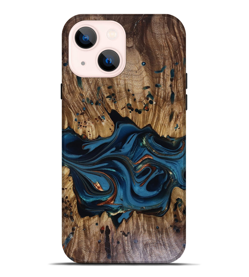 iPhone 14 Plus Wood Live Edge Phone Case - Jalynn (Teal & Gold, 816167)