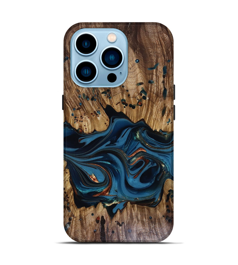 iPhone 14 Pro Wood Live Edge Phone Case - Jalynn (Teal & Gold, 816167)