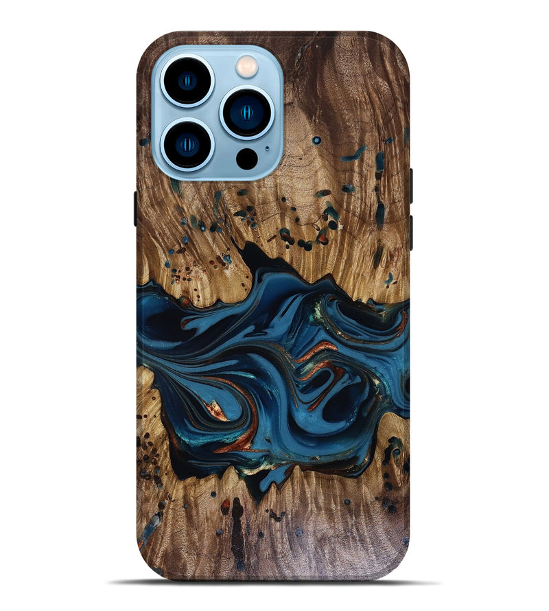 iPhone 14 Pro Max Wood Live Edge Phone Case - Jalynn (Teal & Gold, 816167)