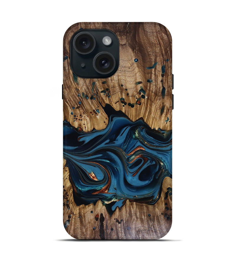 iPhone 15 Wood Live Edge Phone Case - Jalynn (Teal & Gold, 816167)