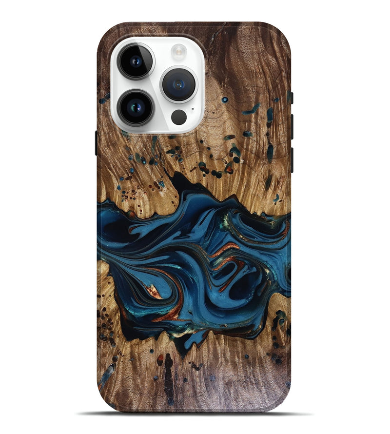 iPhone 15 Pro Max Wood Live Edge Phone Case - Jalynn (Teal & Gold, 816167)