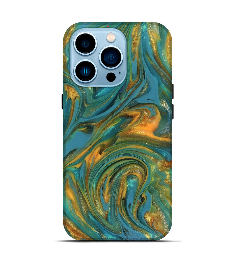 iPhone 14 Pro ResinArt Live Edge Phone Case - Mitchel (Teal & Gold, 816258)