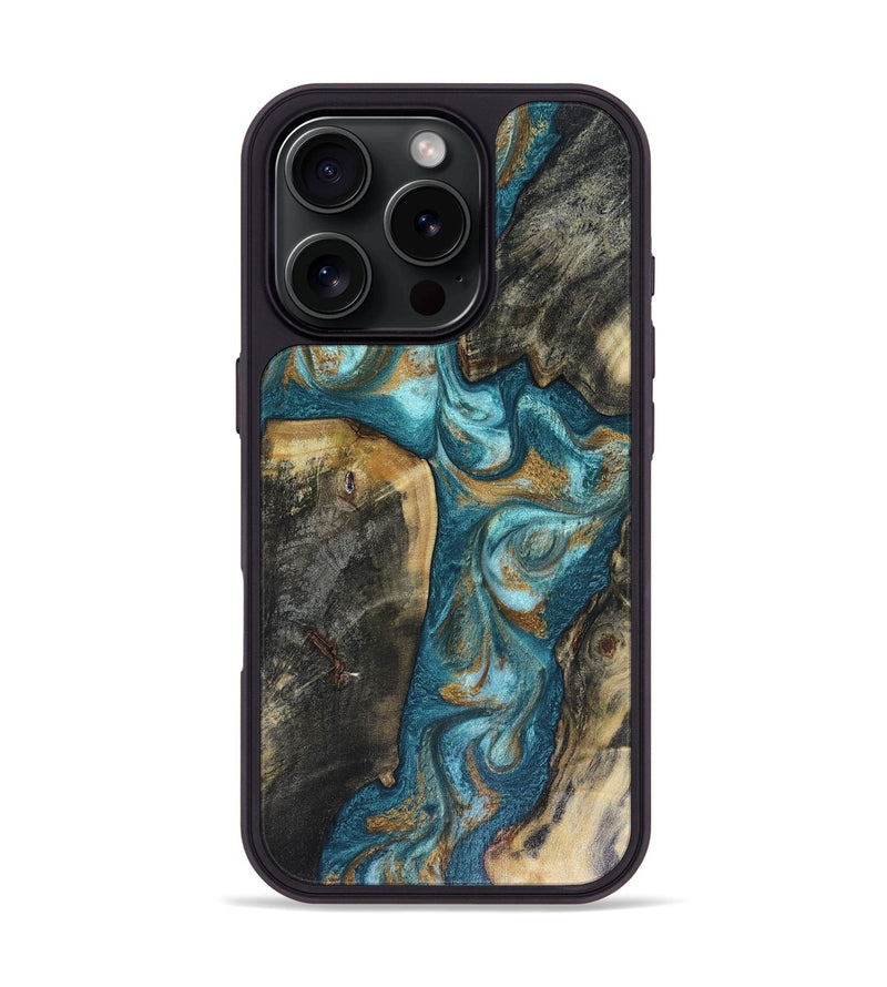 iPhone 16 Pro Wood Phone Case - Luz (Teal & Gold, 816287)