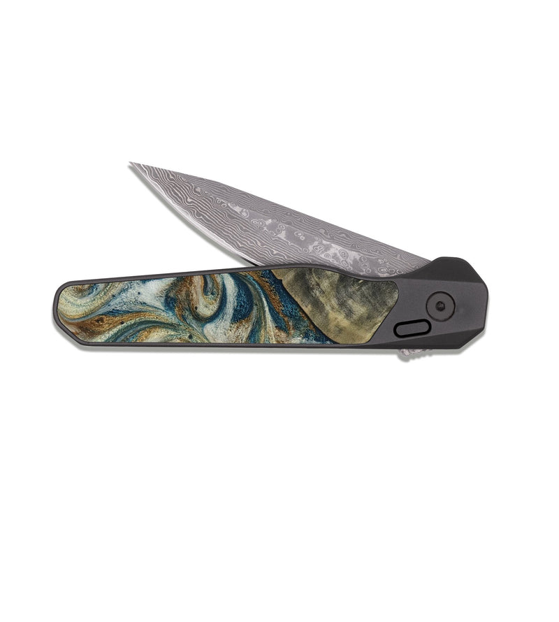 EDC Dark Damascus Wood Pocket Knife - Sarah (Teal & Gold, 816479)