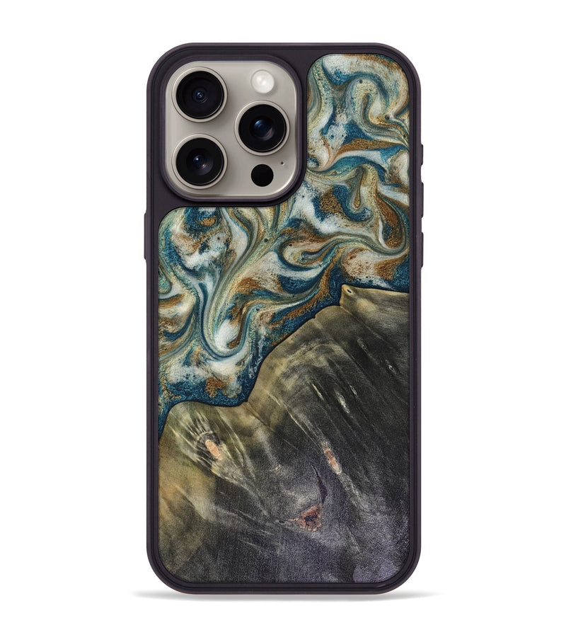 iPhone 15 Pro Max Wood Phone Case - Sarah (Teal & Gold, 816479)