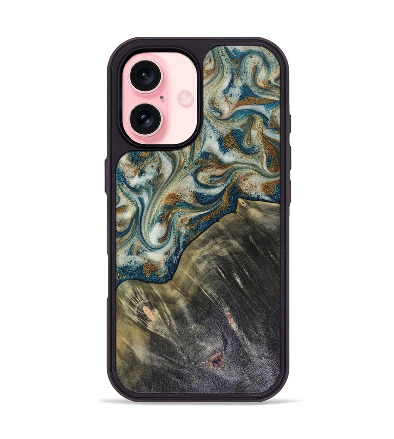 iPhone 16 Wood Phone Case - Sarah (Teal & Gold, 816479)