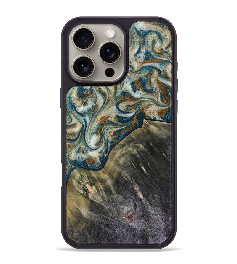 iPhone 16 Pro Max Wood Phone Case - Sarah (Teal & Gold, 816479)
