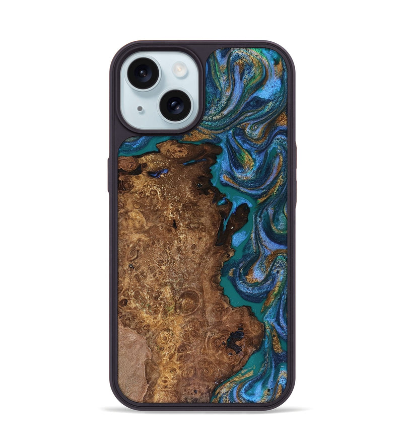 iPhone 15 Wood Phone Case - Cleta (Teal & Gold, 816494)