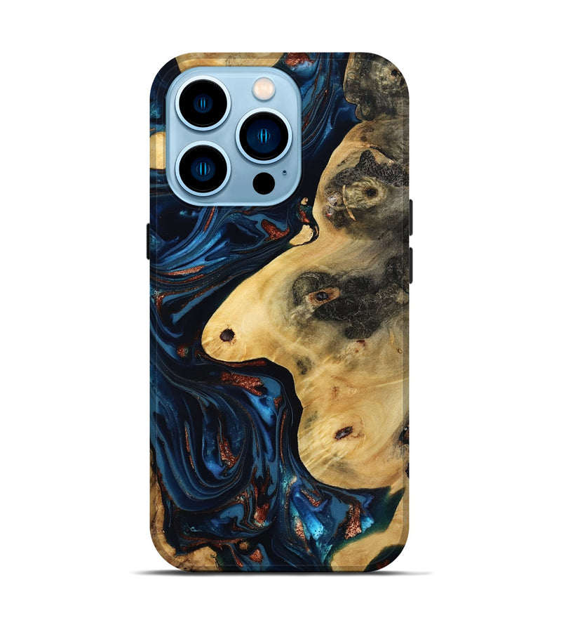 iPhone 14 Pro Wood Live Edge Phone Case - Natalie (Teal & Gold, 816892)