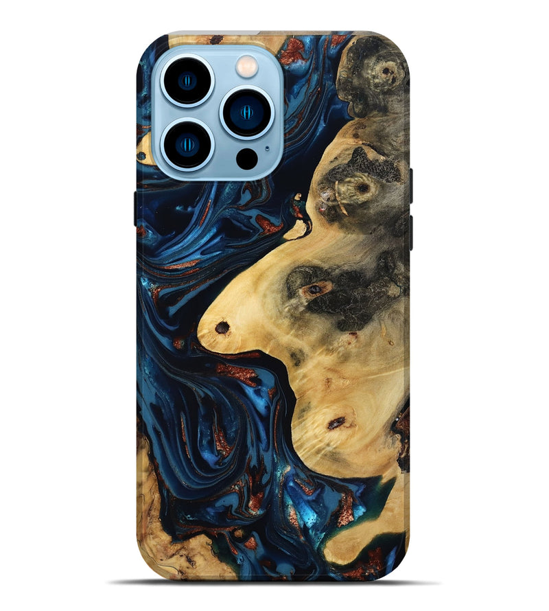 iPhone 14 Pro Max Wood Live Edge Phone Case - Natalie (Teal & Gold, 816892)