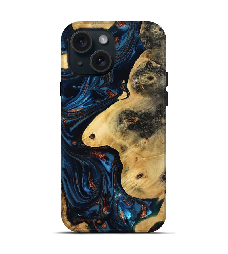 iPhone 15 Wood Live Edge Phone Case - Natalie (Teal & Gold, 816892)