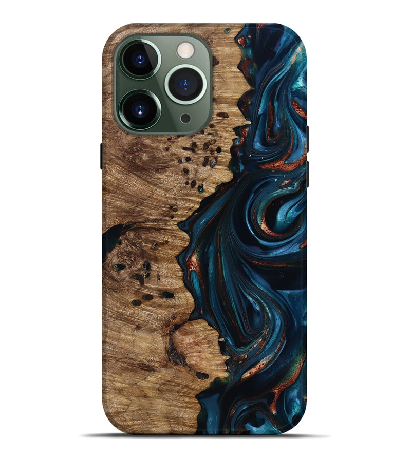 iPhone 13 Pro Max Wood Live Edge Phone Case - Misael (Teal & Gold, 816902)